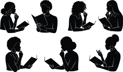 Set of Black Woman Silhouettes Reading a Book with a Pensive, Thinking Expression, Education and Learning Concept Icons