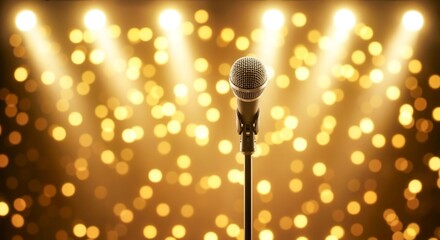 Microphone on a stand with bright spotlights and a blurred golden bokeh background. Evokes music, live performances, public speaking, and entertainment events
