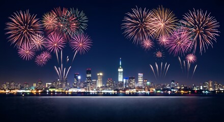 Colorful fireworks exploding over a cityscape at night with water in the foreground. Evokes celebration, festive events, independence day, and new year celebrations