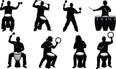 Set of Percussionist Silhouettes Playing Drums, Maracas, and Tambourines, Representing Music, Rhythm, Concert, and World Culture Vector Icons