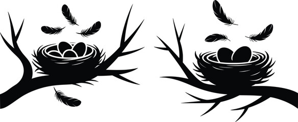 Bird Nest Silhouette with Eggs and Feathers, Nature Vector Illustration.