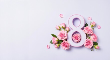 Number "8" formed by pink roses and rose petals on a light purple background. Symbolizes international women's day and celebration of femininity