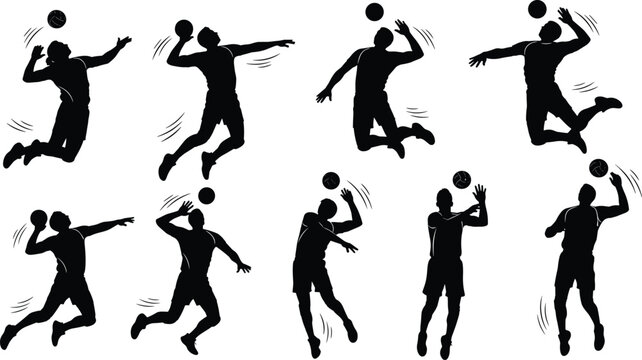 Volleyball player silhouettes jumping serving spiking dynamic action set isolated white background active team sport power athleticism skills pose determination