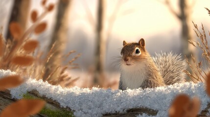 Squirrel sits in the snow on a sunny winter day in the forest