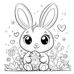 Cute easter bunny holding a decorated egg surrounded by flowers and hearts for coloring