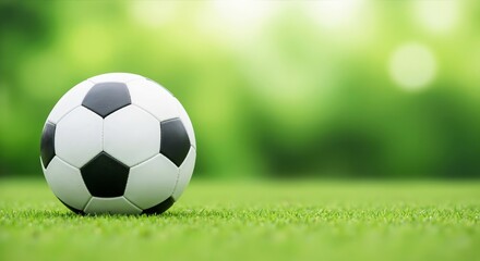 Soccer ball on vibrant green grass with a blurred background. Represents the energy of sports, a game, and fitness activities for football league promotions and athletic content