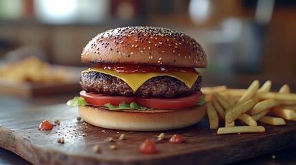 Delicious gourmet burger with melted cheese and fresh toppings served with crispy french fries