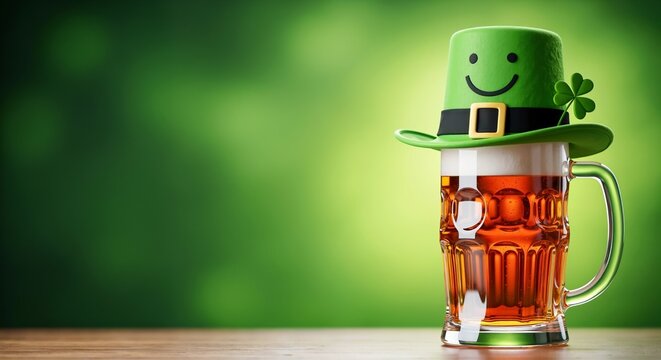 Beer mug with foam and a green leprechaun hat with a shamrock and a smiley face. Evokes st. patrick's day celebrations and irish themed events