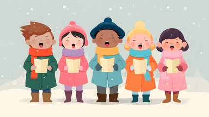 Fototapeta premium A joyful group of five children singing carols in winter attire, celebrating the holiday spirit in a snowy setting.