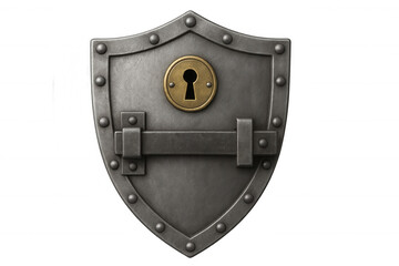 Medieval shield with keyhole and bolted lock representing data protection, cyber security, and safety on transparent background