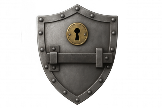 Medieval shield with keyhole and bolted lock representing data protection, cyber security, and safety on transparent background