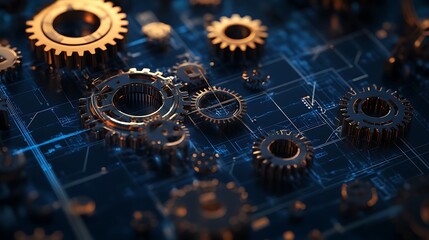 Intricate golden and silver gears interlocking on a blue blueprint background