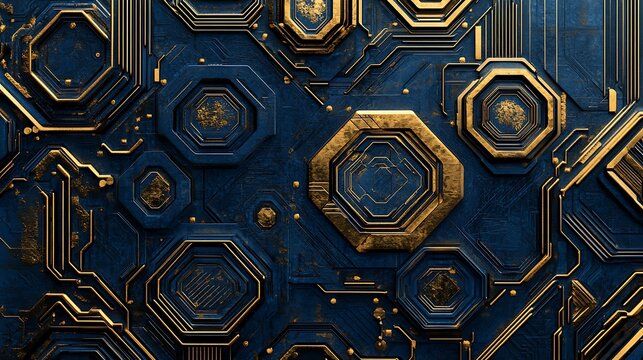 Intricate futuristic hexagonal geometric pattern with metallic gold and deep blue tones