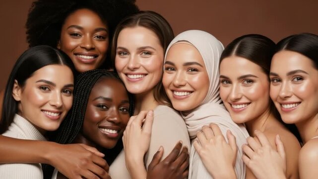 A beautiful and diverse group of women of various ethnicities and backgrounds smiling together, showcasing natural beauty and inclusivity - Powered by Adobe