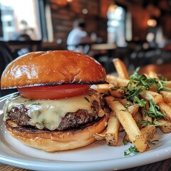 Juicy cheeseburger with melted cheese and a slice of tomato served with crispy french fries