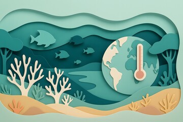Paper cut underwater ecosystem illustration with fish, corals, Earth and thermometer, pastel teal palette for climate change and ocean warming awareness.