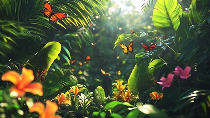 Magical lush jungle scene with vibrant flowers and fluttering butterflies in soft sunlight