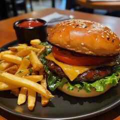 Juicy cheeseburger with sesame seed bun and crispy french fries served with ketchup