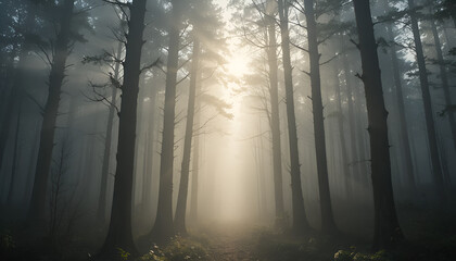 Naklejka premium misty morning in the forest,misty morning in the forest, fog, trees, nature, sunrise, woodland, peaceful, serene, quiet, landscape, atmosphere, dew, soft light, natural, moody, greenery, calm, wildern