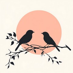 Two silhouette birds perched on a twig against a soft peach sunset