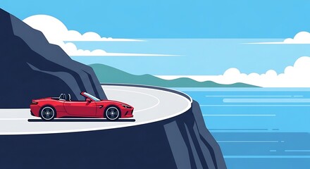 Red convertible with coastal drive.