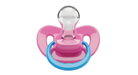 Pink Baby Pacifier with Blue Handle and Clear Nipple.
