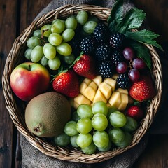 Abundant woven basket overflowing with a vibrant assortment of fresh ripe fruits