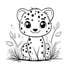 Adorable baby leopard cub sitting in grass with big eyes and spots black and white illustration