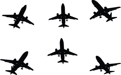 Airplane silhouettes from below, aviation symmetry, aircraft formation, black jet shapes, flight angles, aerodynamics, travel concept, minimal design