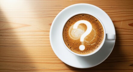 Coffee art with a question mark on a wooden background
