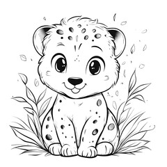Adorable cartoon baby leopard sitting in leaves for coloring book
