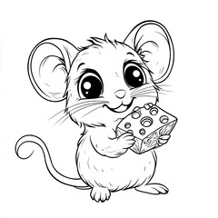 Adorable cartoon mouse holding a piece of swiss cheese with big eyes and a happy expression