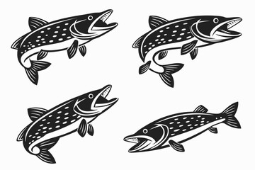 Fototapeta premium Minimalist pike fish icon set in black and color accents
