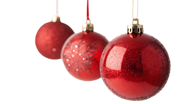 Dangling crimson orbs of holiday cheer cut out on PNG. AI GENERATED.