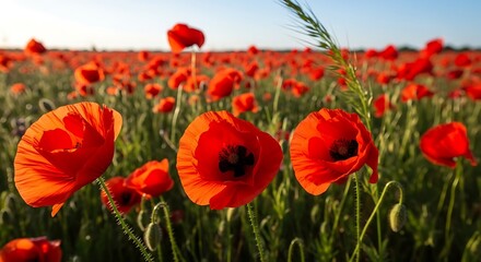 Obraz premium Red Poppies Field Summer Sunset.