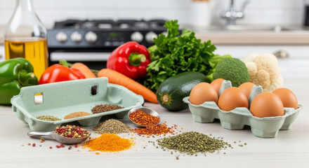 Fresh vegetables and spices in a kitchen setting.