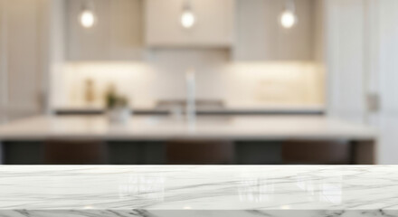 Modern kitchen interior with marble countertop.
