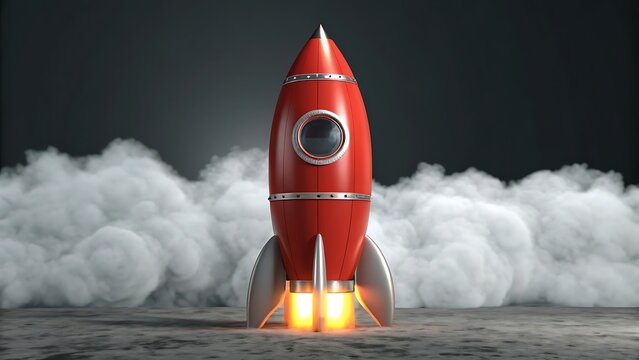 Red rocket launching with smoke and fire on dark background, 3d rendering