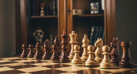 Intricate wooden chess pieces on board.