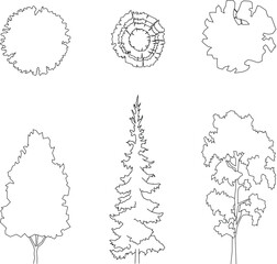  Vector line art collection of trees in top and elevation views - For architectural plans and landscaping