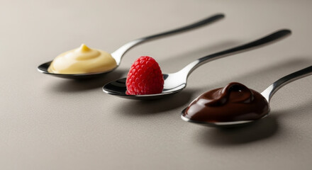 Three spoons with desserts: custard, raspberry, and chocolate.