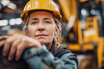 Senior female engineer wearing safety helmet in industrial workspace, hands visible against blurred heavy machinery, warm accent tones
