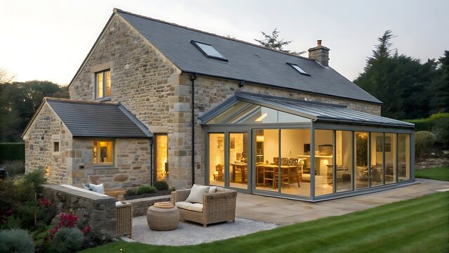 Luxury stone house with modern glass extension and landscaped garden area