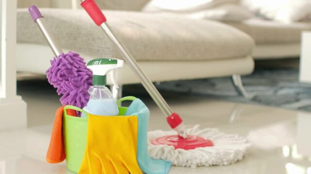 Plastic Bucket with Cleaning Supplies in Home Ready for Cleaning &ndash; Dolly Shot of Household Cleaning Products, Detergents, and Tools for Domestic Chores and Housekeeping in 4K Ultra HD Stock Video