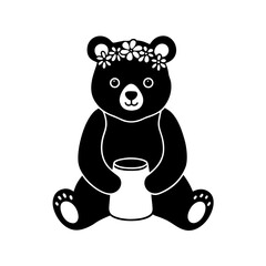 baby bear sitting with a honey pot and flower crow.