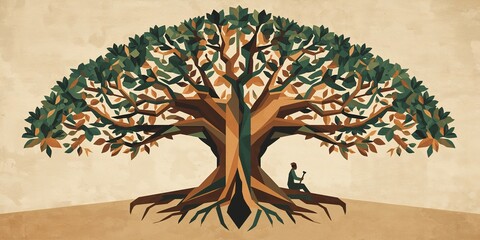 Stylized Geometric Tree Illustration with a Solitary Figure Sitting at its Roots, Embodying Nature, Growth, and Labor