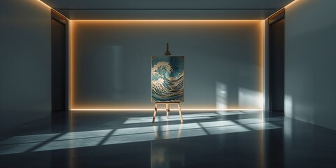 Iconic Japanese Great Wave artwork on an easel, highlighted by ambient linear lighting in a sleek, contemporary minimalist art gallery setting.