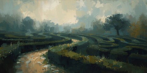 Moody Impressionist Digital Painting of a Dense Green Hedge Maze with a Winding Stone Path on an Overcast Atmospheric Day