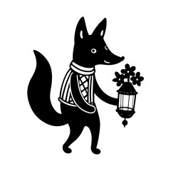 fox holding a lantern decorated with flowers