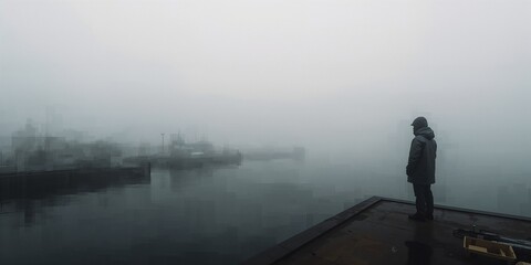 Solitary hooded figure stands contemplating the dense, atmospheric fog engulfing a calm harbor with blurred industrial shapes.